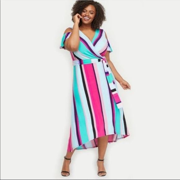 Lane Bryant Dresses & Skirts - 2/$30 Lane Bryant Faux Wrap Cold Shoulder Midi High Low Dress 18/20 Multi #7130